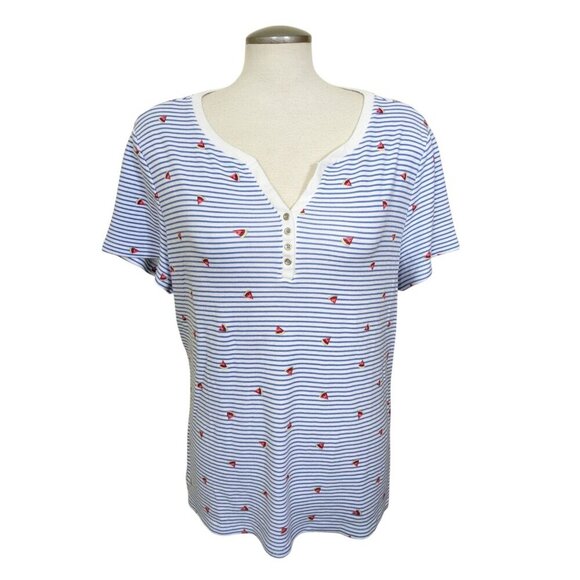 Karen Scott Womens Plus XXL Popover Top Blue White Stripe Button Neck Watermelon - Picture 4 of 10